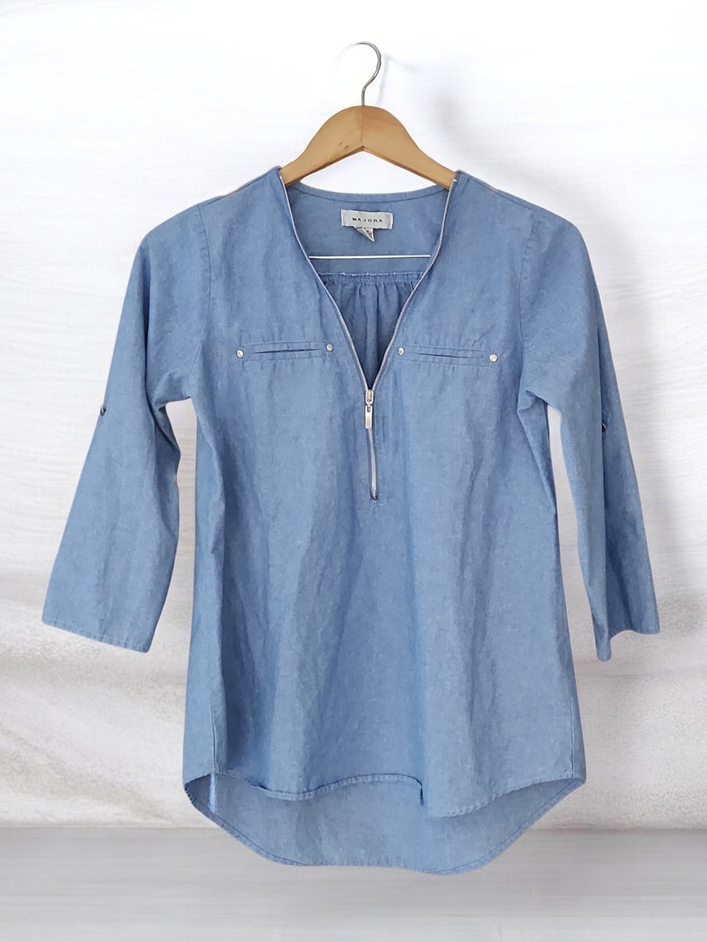 Light Blue Quarter Zip-Front Blouse